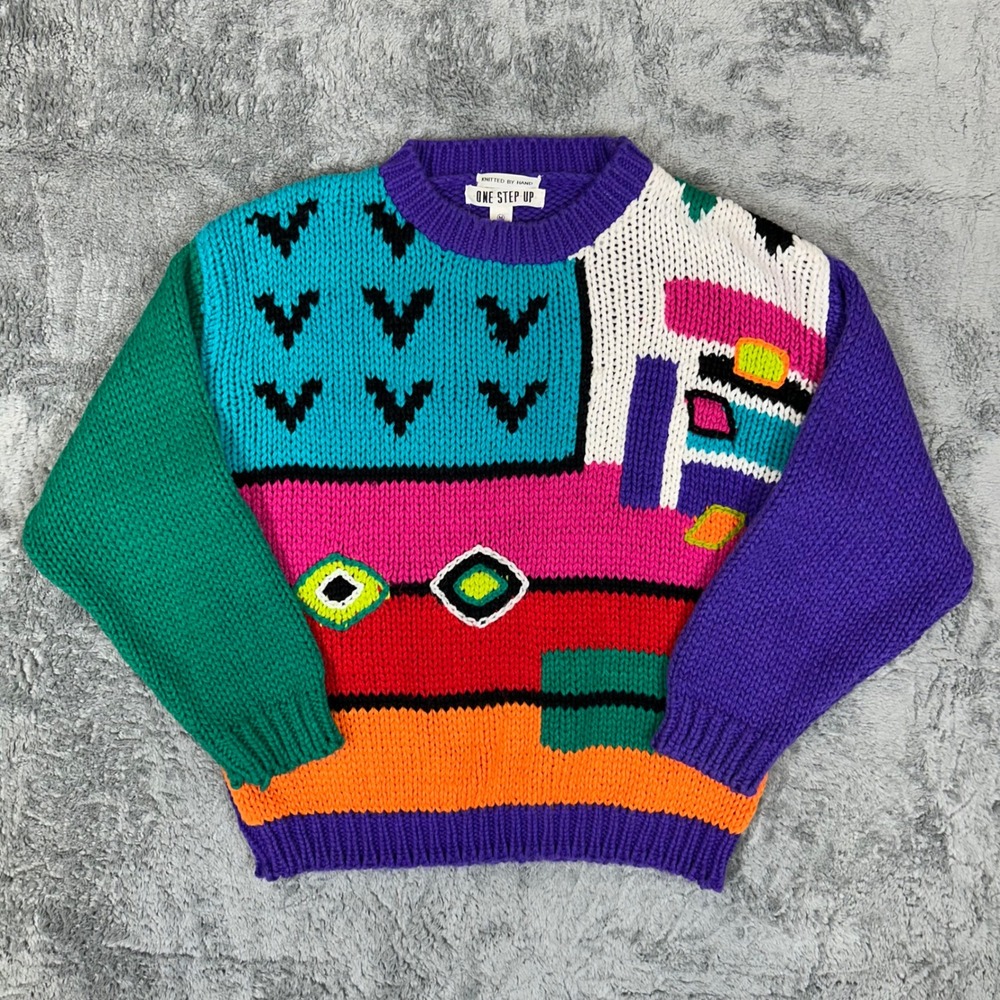 One Step Up Vintage Hand Knitted Colorblock Geometric Sweater Purple Multi M